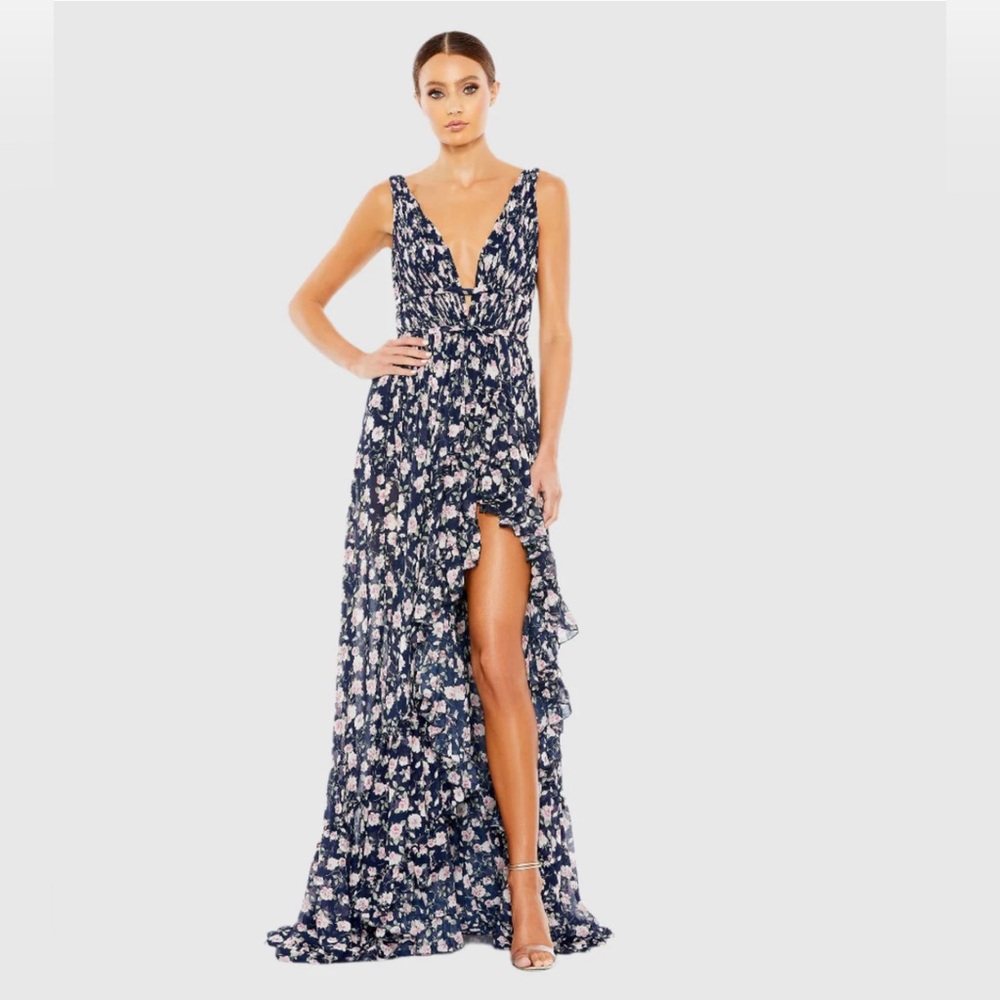 Mac Duggal Floral Print Sleeveless Ruffled High-Low Gown